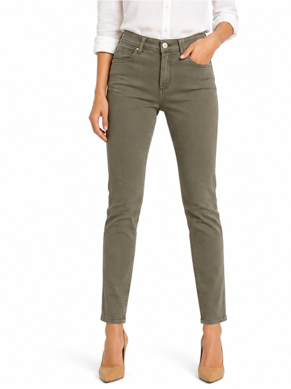 Democracy 6 AbSolution Itty Bitty Boot Jean in an olive green straight high rise